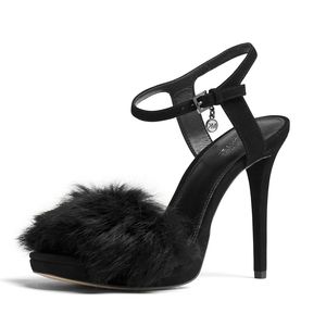🆕 MICHAEL KORS Rabbit Fur Trim Black Heels Open-Toe Pumps NWB